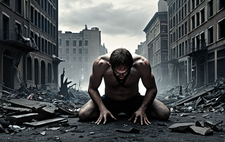 **
Prompt: A somber and introspective scene inspired by Dostoevsky, depicting a character wrestling with inner demons amidst a dark and chaotic cityscape. Emphasize the themes of sin, redemption, and the search for human dignity within a troubled soul.
**