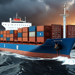 A cargo ship navigating rough seas, symbolizing Russia's international trade facing geopolitical and economic challenges, with containers marked "Energy Exports" and "New Trade Routes."