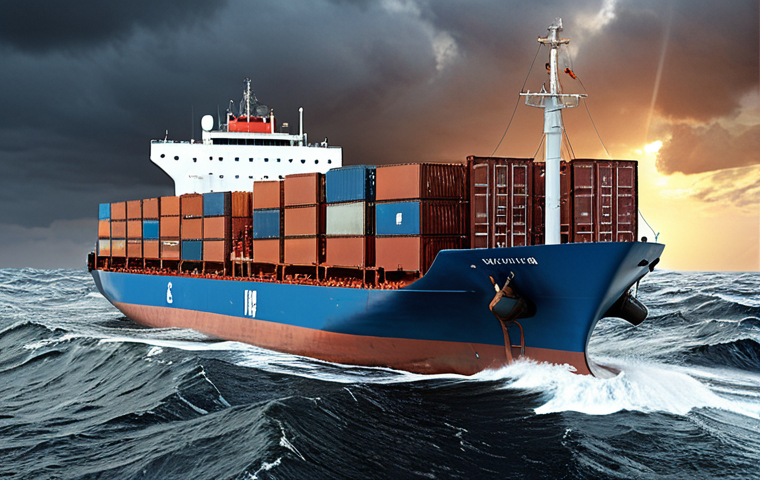 A cargo ship navigating rough seas, symbolizing Russia's international trade facing geopolitical and economic challenges, with containers marked "Energy Exports" and "New Trade Routes."